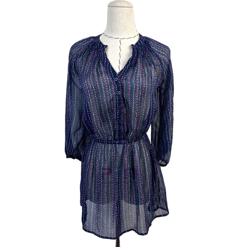Mossimo Supply Co Womens Sheer Floral Print Button Up Blouse Top Navy S